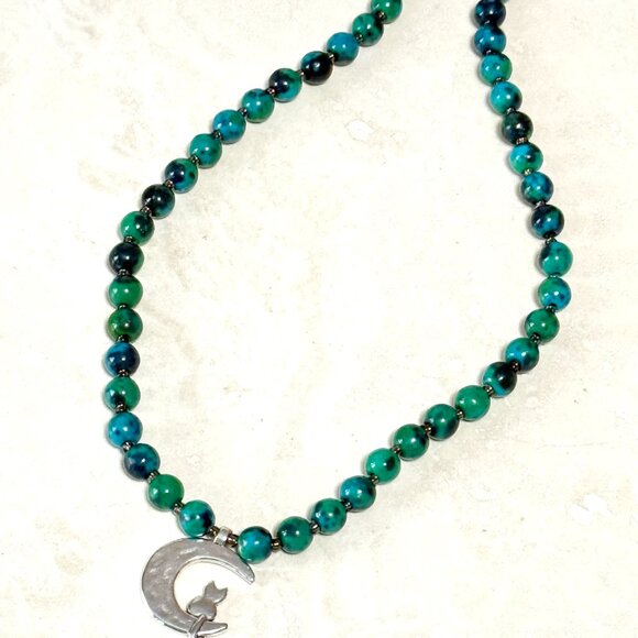 Teal Chrysocolla Short Necklace, Genuine Gemstone & Silver Cat on the Moon Charm - Picture 7 of 13
